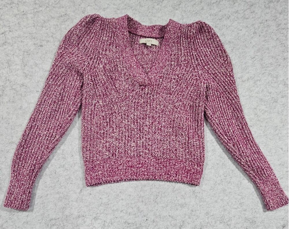 LOFT Pink V-Neck Puff Sleeve Knit Sweater Cotton Blend Ribbed Top Womens Sz XXS